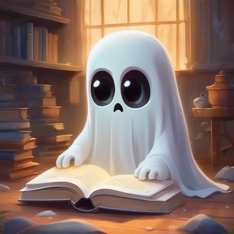 Shy ghost, white with big, comforting eyes, slightly transparent discovers the harmless source of his fear, a fallen book.