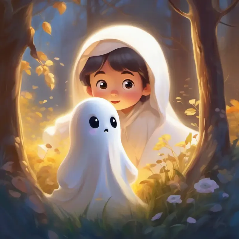 Shy ghost, white with big, comforting eyes, slightly transparent envies the children playing outside, desires friendship.