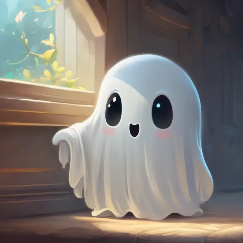 Shy ghost, white with big, comforting eyes, slightly transparent's wish to join the children, his fear keeping him inside.