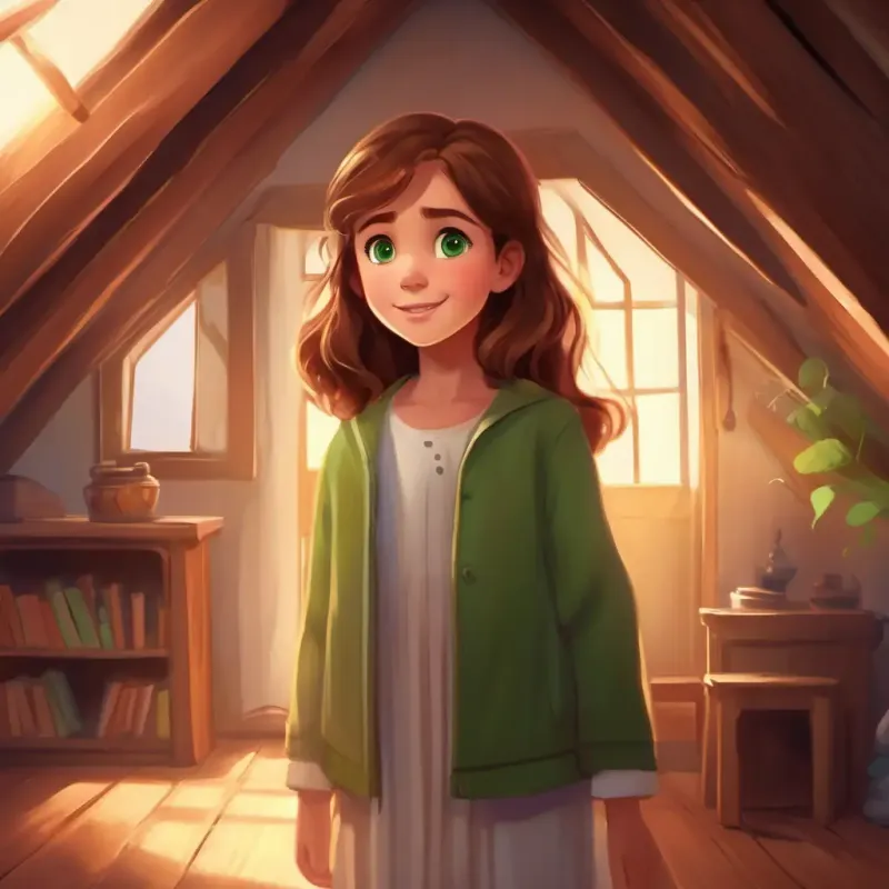 Introduction of Brave little girl, brown hair, green eyes, friendly smile, a brave girl, who encounters Shy ghost, white with big, comforting eyes, slightly transparent in the attic.