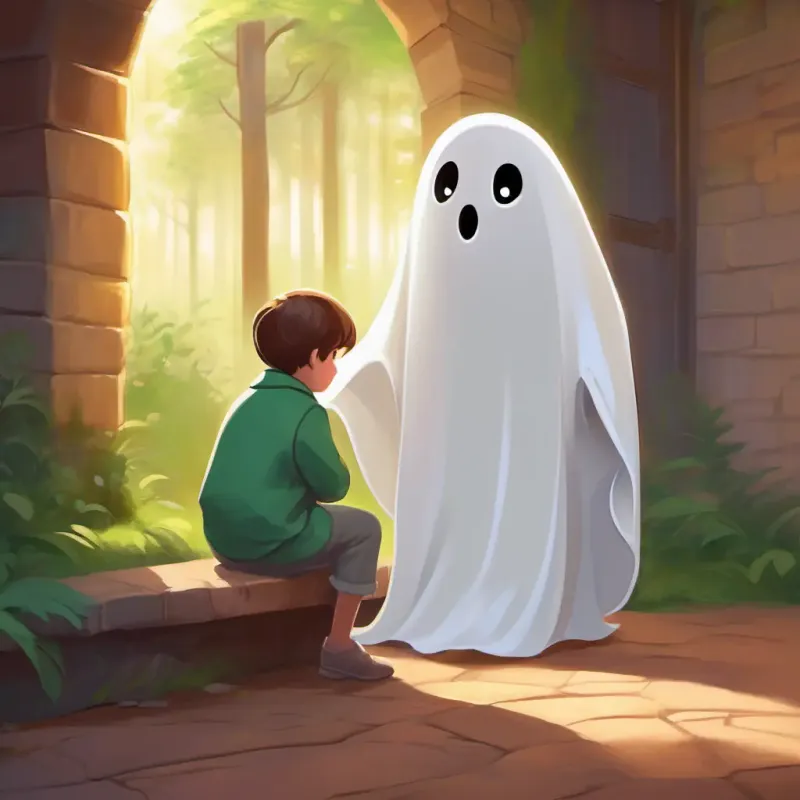 Shy ghost, white with big, comforting eyes, slightly transparent's instinct to hide changes as he finds comfort in Brave little girl, brown hair, green eyes, friendly smile's voice.