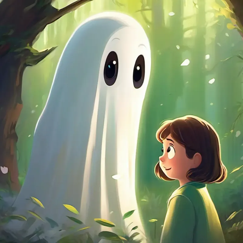 Shy ghost, white with big, comforting eyes, slightly transparent reveals himself to Brave little girl, brown hair, green eyes, friendly smile, who offers friendship.