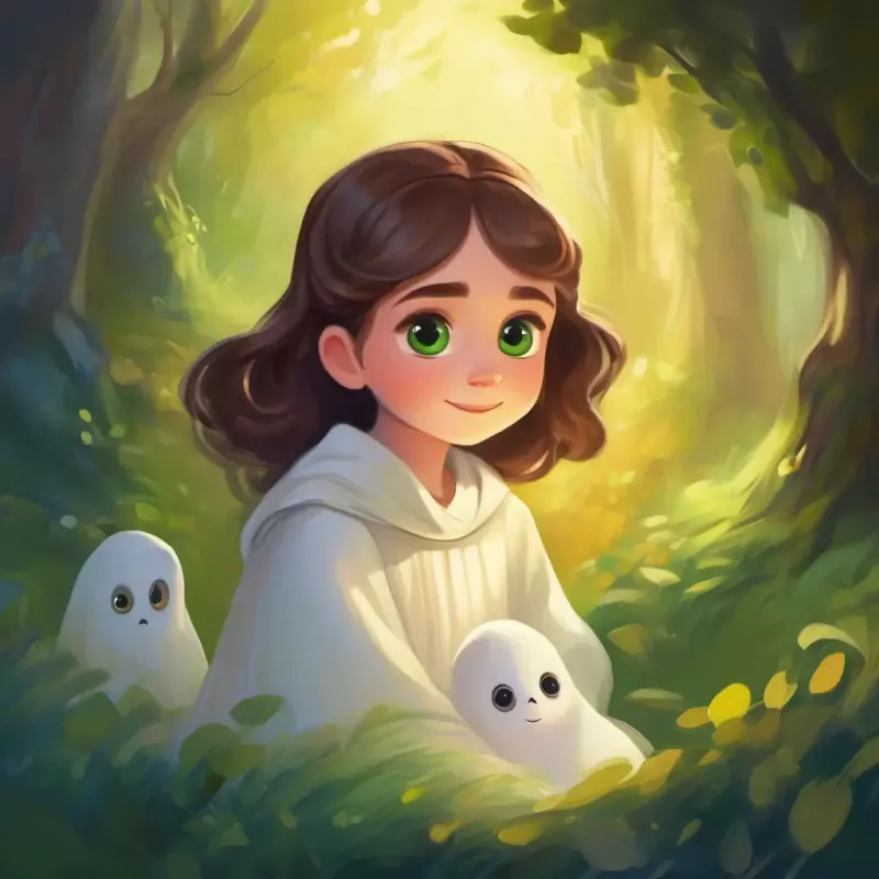 Acceptance of friendship, Shy ghost, white with big, comforting eyes, slightly transparent starts to feel braver with Brave little girl, brown hair, green eyes, friendly smile.