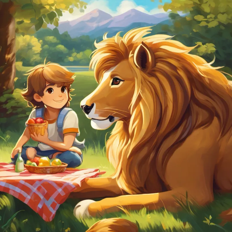 Golden mane, kind brown eyes, regal but friendly thinking about the picnic and his friends.