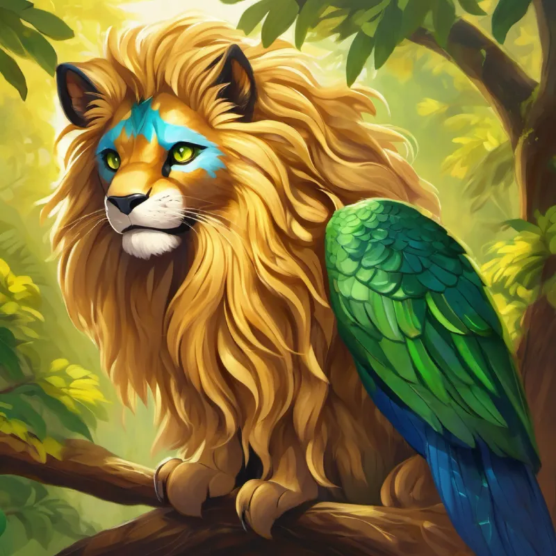 Golden mane, kind brown eyes, regal but friendly noticing Long, green scales with keen, observant eyes and inviting him.