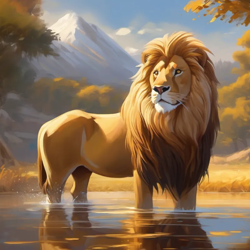Golden mane, kind brown eyes, regal but friendly inviting Massive, gray, gentle, with wise brown eyes at the watering hole.