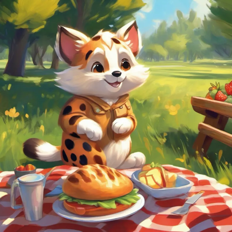 Curious Mischevious looking, spotted fur, warm smile overhearing about the picnic.