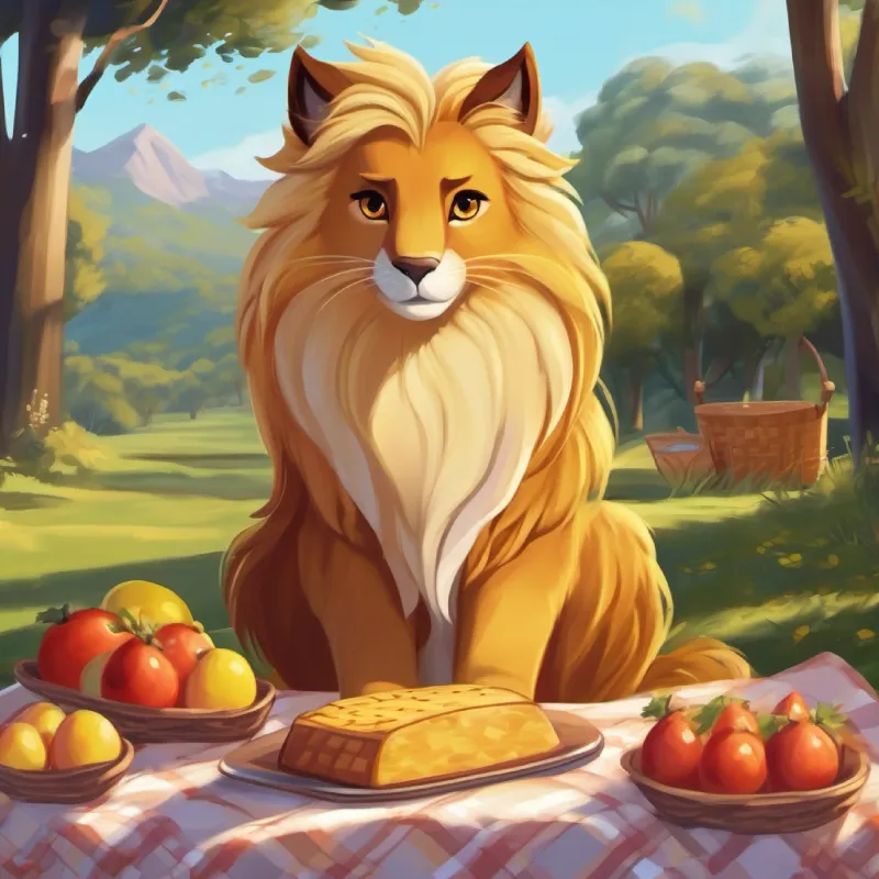 Golden mane, kind brown eyes, regal but friendly inviting Mischevious looking, spotted fur, warm smile to the picnic.