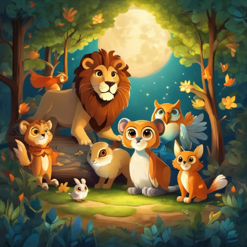 LION AND OWL ,BUNNY, MOUSE of the Whispering Woods continued to live in harmony, always ready to support each other and celebrate the magic of friendship. The Moonlit Parade became an annual event, reminding everyone of the power of working together and being kind.
