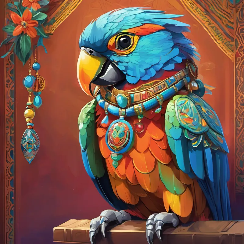 A colorful robotic parrot with Quranic verses on her feathers reciting Quranic verses, A wise and friendly talking cat with a taweez necklace looking wise