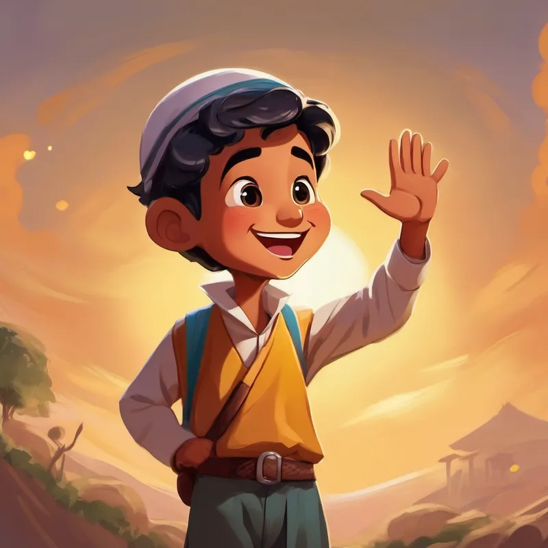 A curious Muslim boy with a smiley face raising his hand to ask a question