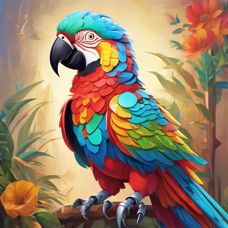 A colorful robotic parrot with Quranic verses on her feathers explaining prayer with a peaceful expression