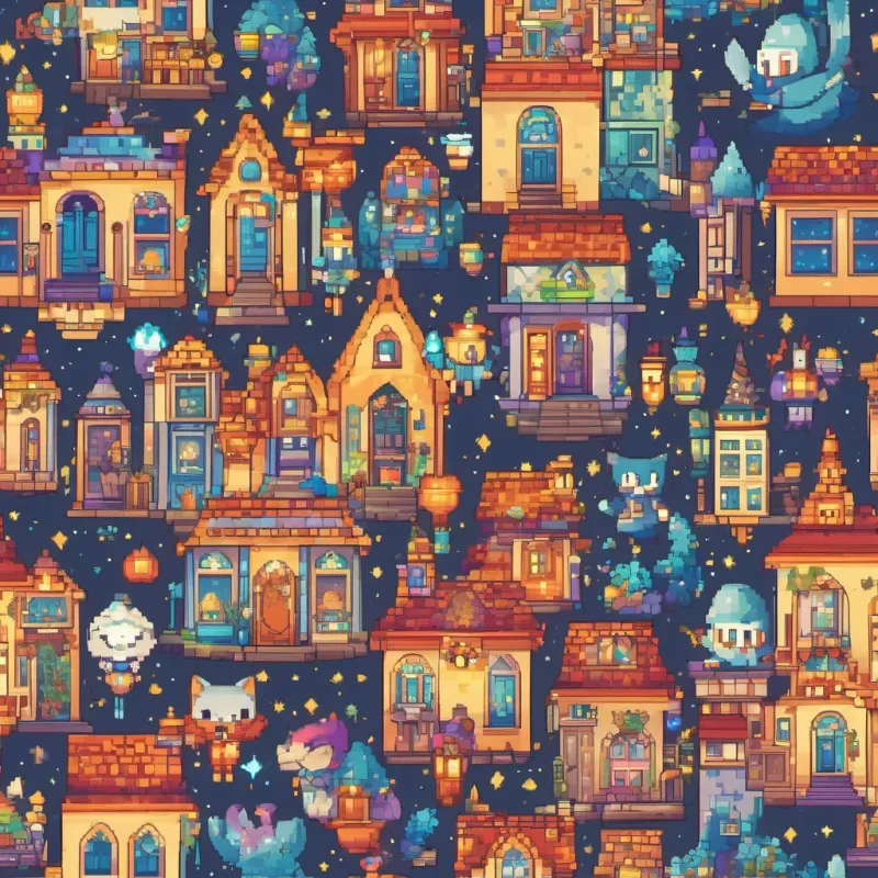 A whimsical town with colorful, quirky houses surrounded by magical creatures. A magician with blue hair and twinkling eyes, wearing colorful robes and a starry hat, holding a glowing wand, a magician with blue hair and twinkling eyes, stands in the center waving his wand.