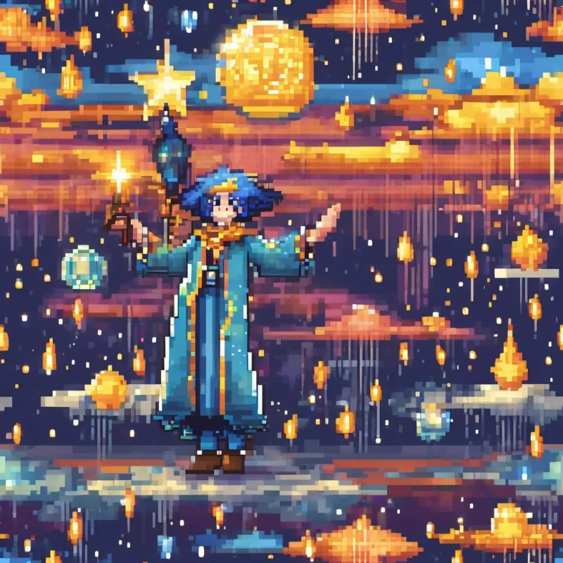 A magician with blue hair and twinkling eyes, wearing colorful robes and a starry hat, holding a glowing wand holding a brightly glowing wand. Raindrops turning into gumdrops in mid-air, and a sunset transforming into falling stars.