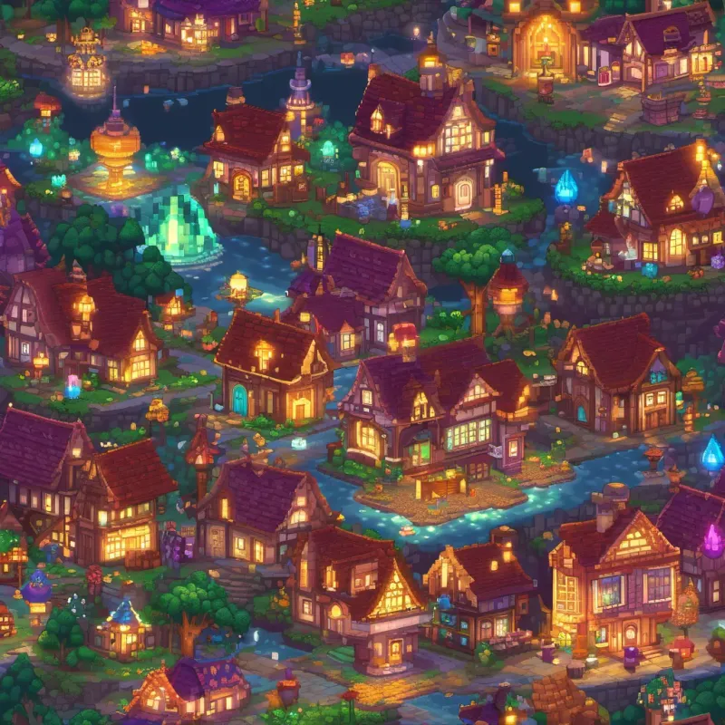 The town of Whimsyville glowing with magical light. Everyone and everything seems to be happy and enchanted.