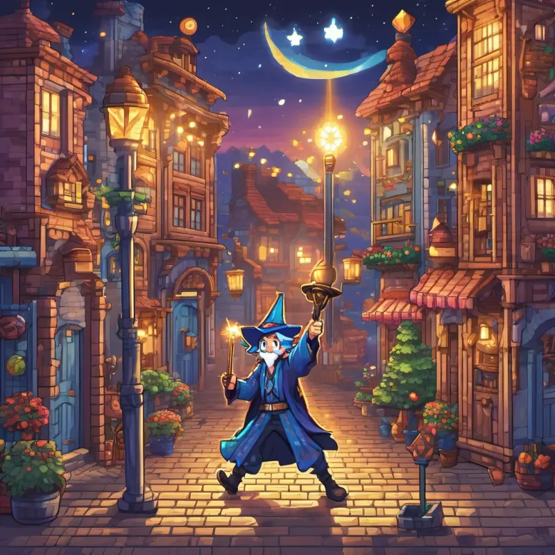 A magician with blue hair and twinkling eyes, wearing colorful robes and a starry hat, holding a glowing wand standing in the middle of the town, children laughing and playing around him. The wand in his hand is glowing, casting a beautiful light.