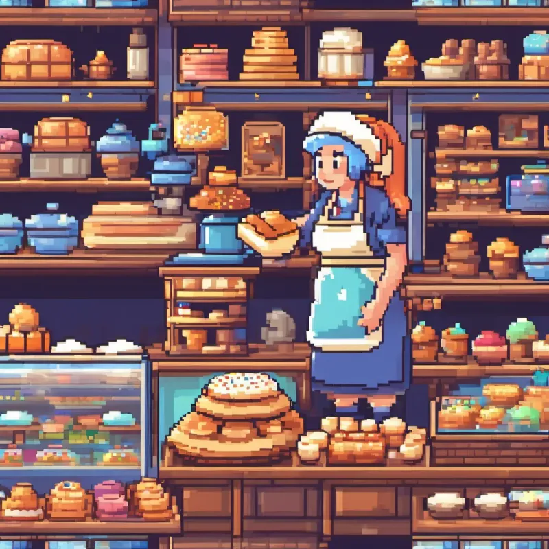 A bustling, colorful bakery with A cheerful round baker with flour on her clothes, wearing an apron and a traditional baker hat, a round, cheerful baker with flour on her clothes. She is speaking urgently to A magician with blue hair and twinkling eyes, wearing colorful robes and a starry hat, holding a glowing wand.