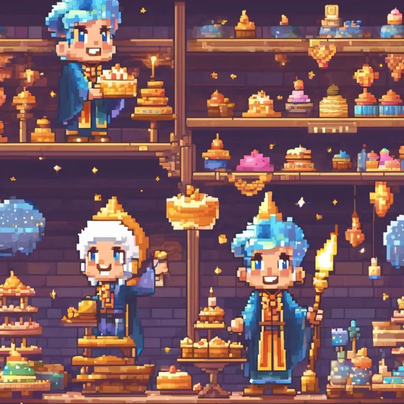 A magician with blue hair and twinkling eyes, wearing colorful robes and a starry hat, holding a glowing wand waving his wand in the bakery. Cakes in ovens magically rising, and townsfolk clapping and cheering in joy.