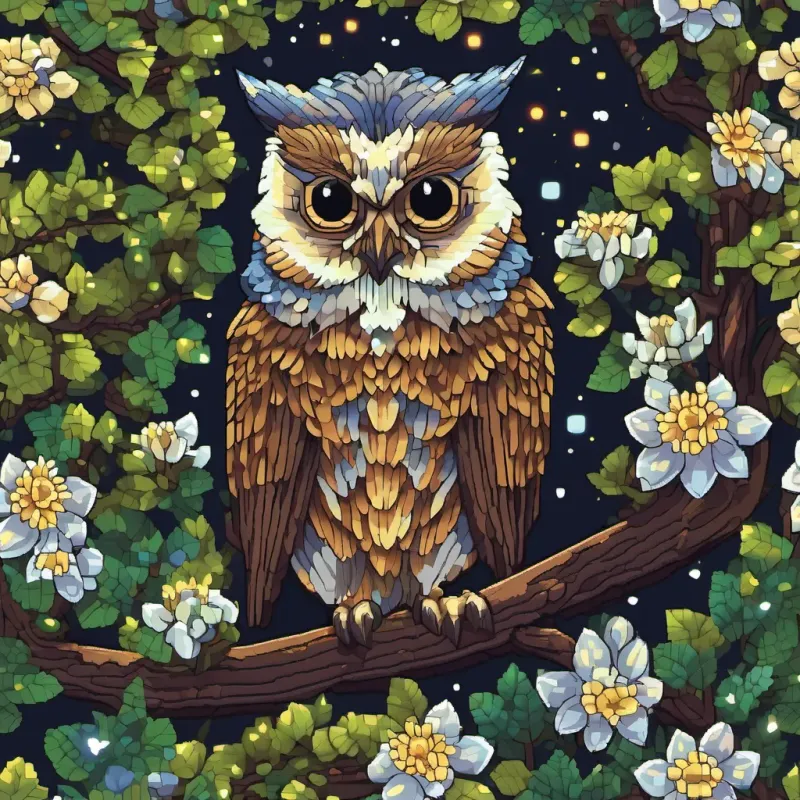 A wise old owl perched on a branch in a nighttime forest. Moonflowers glowing softly and night critters like fireflies and small animals roaming.