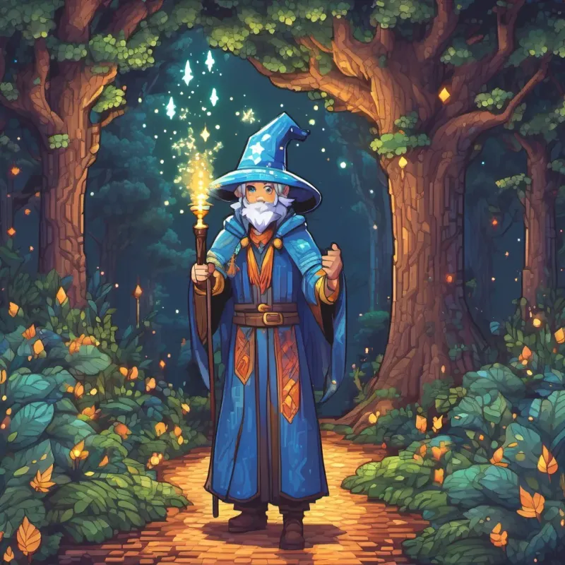 A magician with blue hair and twinkling eyes, wearing colorful robes and a starry hat, holding a glowing wand, holding his glowing wand, walking bravely through a dark but enchanting forest. Magical creatures peek out from behind trees.