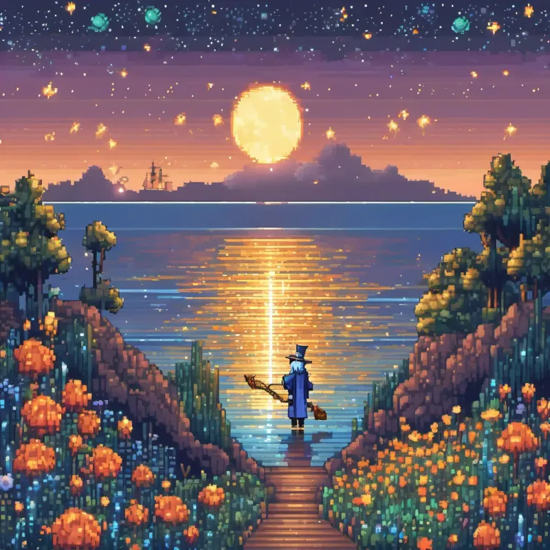 A magician with blue hair and twinkling eyes, wearing colorful robes and a starry hat, holding a glowing wand standing at the edge of a glittering, magical sea with a gentle breeze causing ripples. Trees and flowers around the sea glow under the moonlight.