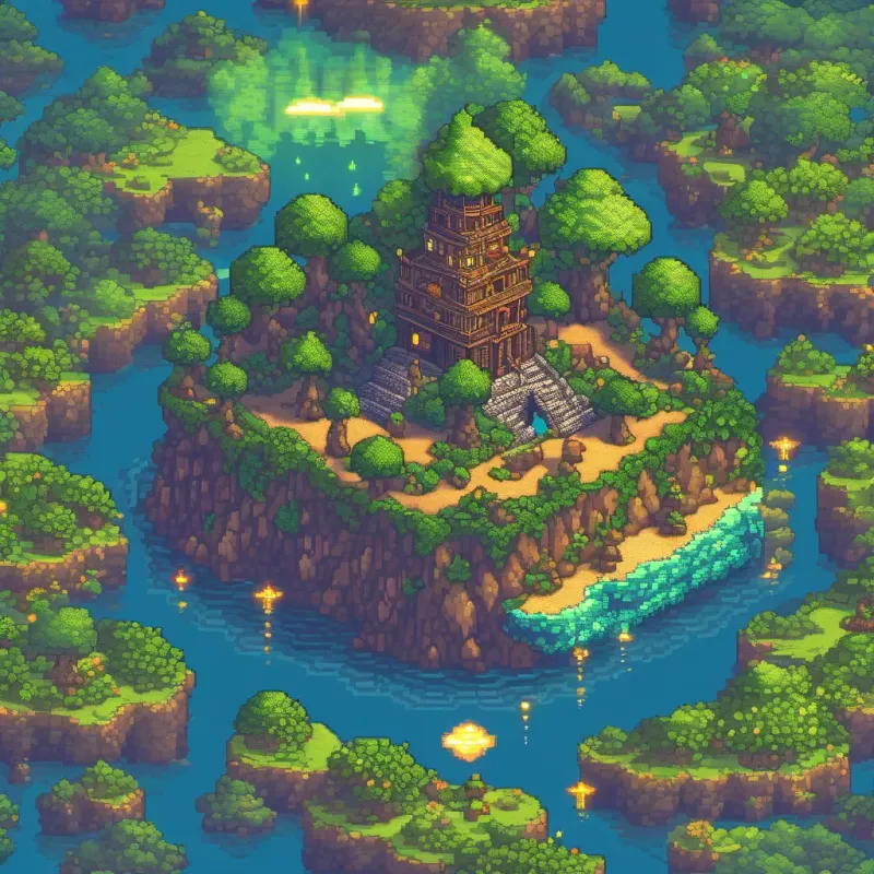 A small, magical island in the middle of a sea. The Eye of Wonder at the center glows brightly, illuminating the surroundings.