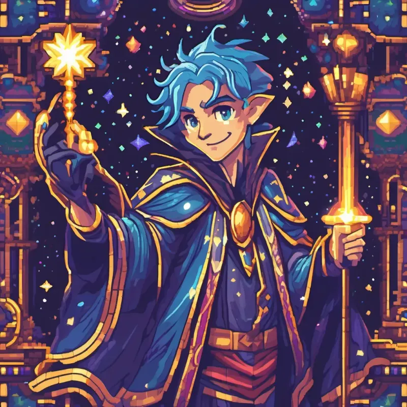 A magician with blue hair and twinkling eyes, wearing colorful robes and a starry hat, holding a glowing wand performing magic with his wand on the Eye of Wonder. The Eye is swirling and emitting magical lights.