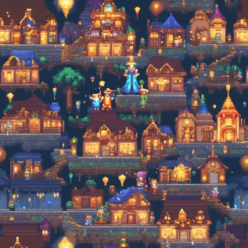 A magician with blue hair and twinkling eyes, wearing colorful robes and a starry hat, holding a glowing wand triumphantly returning to the town, carrying the Eye of Wonder. Townsfolk are dancing and celebrating happily.