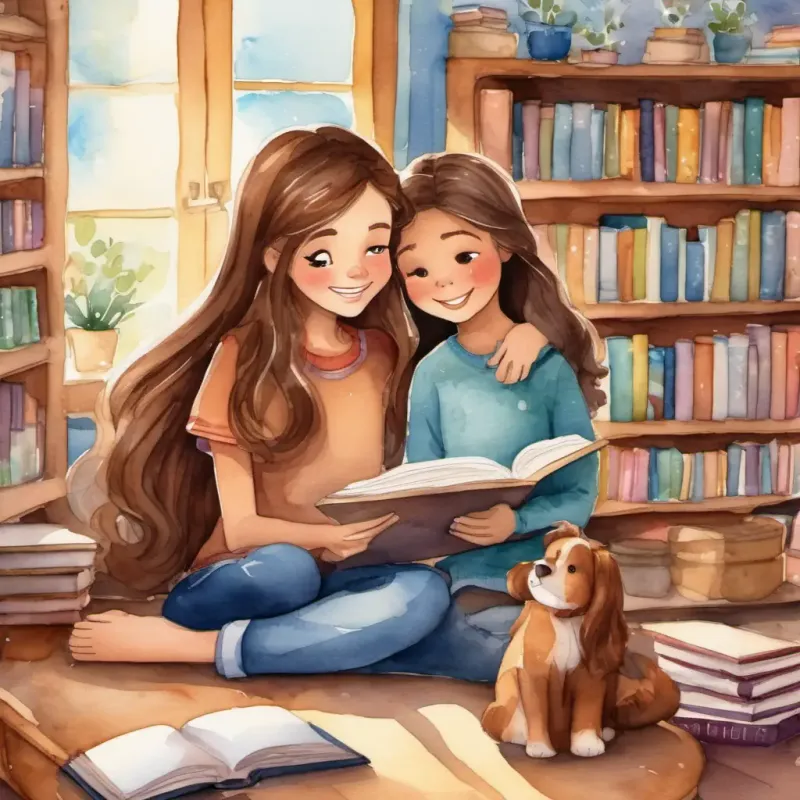 Long brown hair, sparkling blue eyes, gentle smile, with long brown hair, sparkling blue eyes, in her cozy room with books and her friend Bella's supportive friend with brown hair and kind eyes.