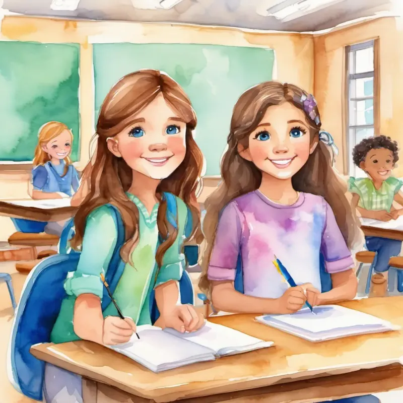 Long brown hair, sparkling blue eyes, gentle smile and Bella's supportive friend with brown hair and kind eyes in the classroom with the teacher announcing the talent show.