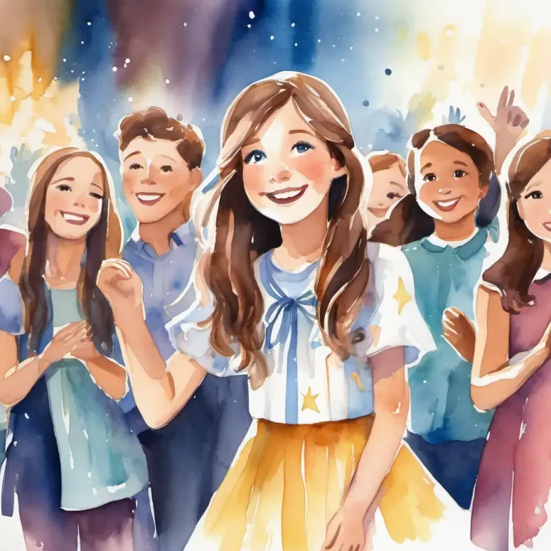 Long brown hair, sparkling blue eyes, gentle smile on stage, feeling nervous but confident, with her new friends cheering her on.
