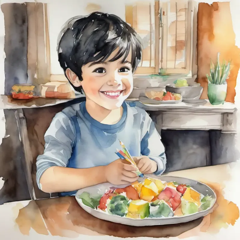 A picture of A young boy with black hair and dark eyes, always wearing a curious smile with a big smile, holding a plate of colorful food.