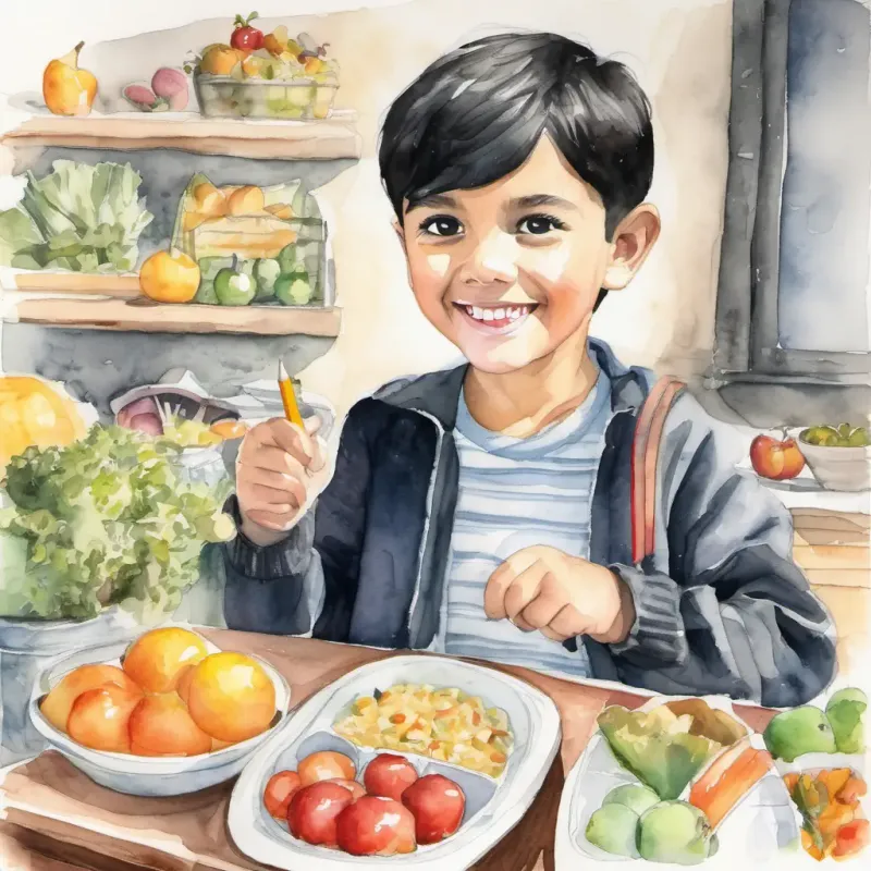 A picture of A young boy with black hair and dark eyes, always wearing a curious smile with his teacher pointing to different food groups.