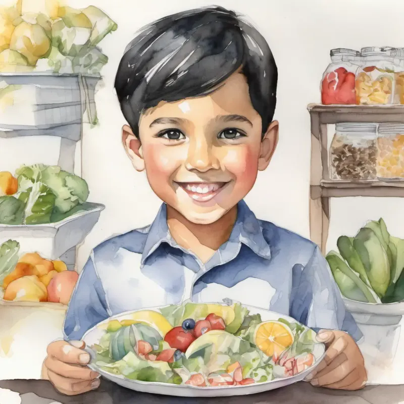 A picture of A young boy with black hair and dark eyes, always wearing a curious smile holding a plate with different food groups and label tags for each nutrient.