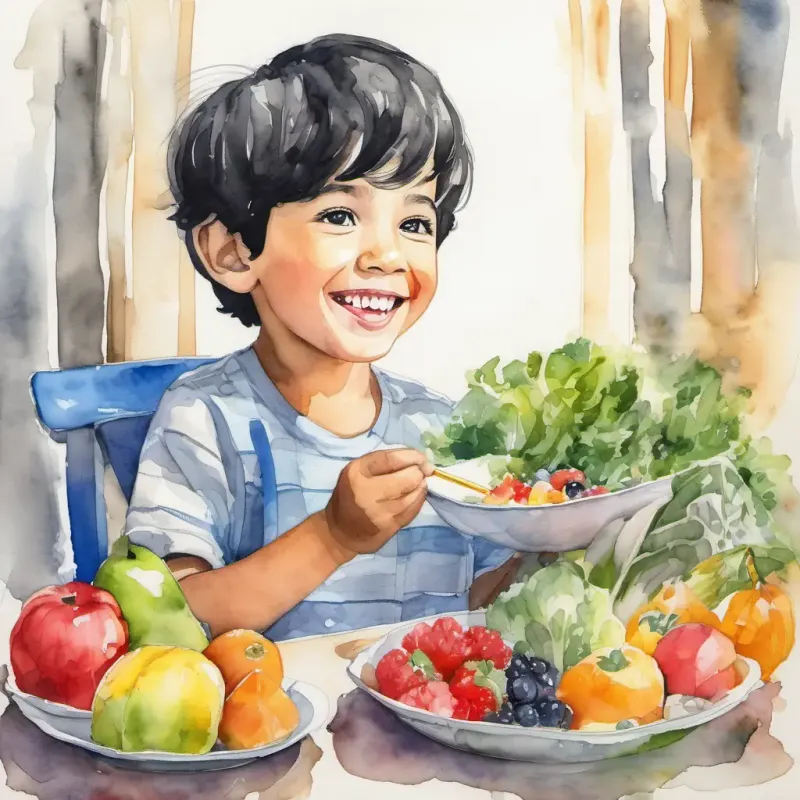 A picture of A young boy with black hair and dark eyes, always wearing a curious smile happily eating a balanced meal with colorful fruits and vegetables.