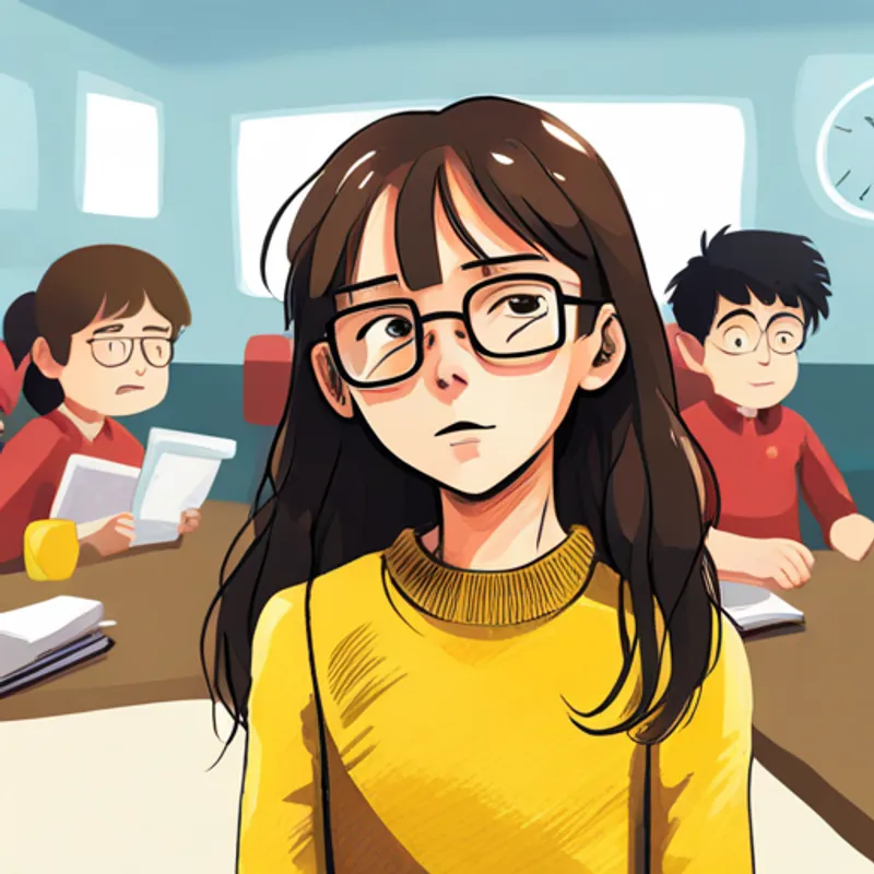 A 14-year-old girl with brown hair and glasses, wearing a yellow sweater, 8 words max feeling nervous at a crowded school cafeteria