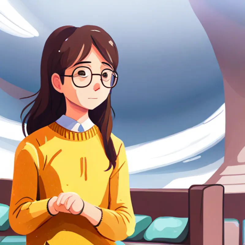 A 14-year-old girl with brown hair and glasses, wearing a yellow sweater, 8 words max saying hello to a classmate, feeling a bit nervous
