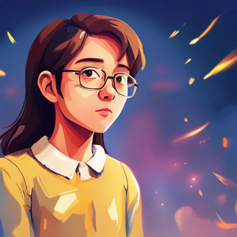 A 14-year-old girl with brown hair and glasses, wearing a yellow sweater, 8 words max performing on stage, feeling confident and alive