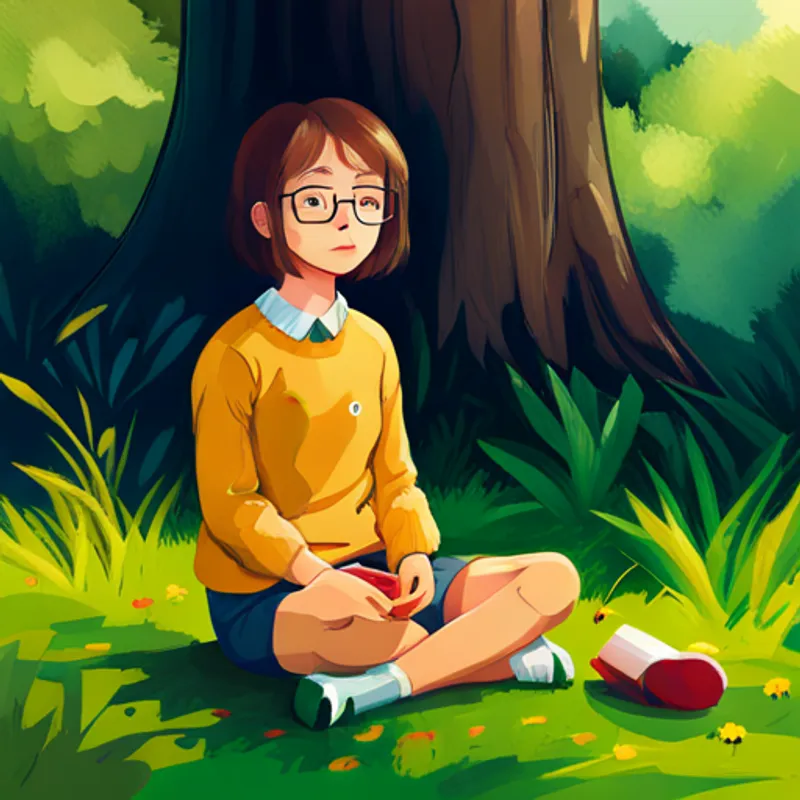 A 14-year-old girl with brown hair and glasses, wearing a yellow sweater, 8 words max sitting in a peaceful garden, practicing mindfulness