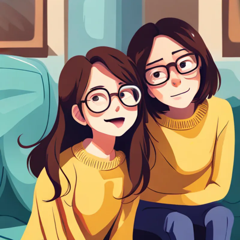 A 14-year-old girl with brown hair and glasses, wearing a yellow sweater, 8 words max and her friends laughing and supporting each other