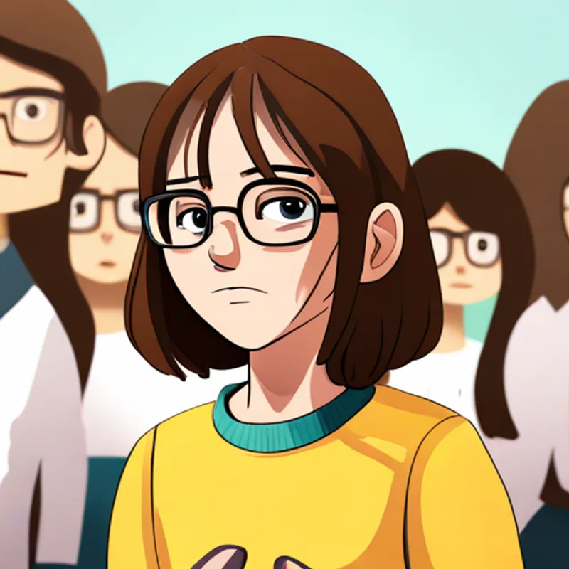 A 14-year-old girl with brown hair and glasses, wearing a yellow sweater, 8 words max confidently speaking in front of her classmates