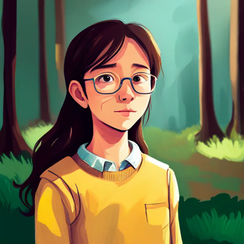 A 14-year-old girl with brown hair and glasses, wearing a yellow sweater, 8 words max looking in the mirror, smiling with self-acceptance