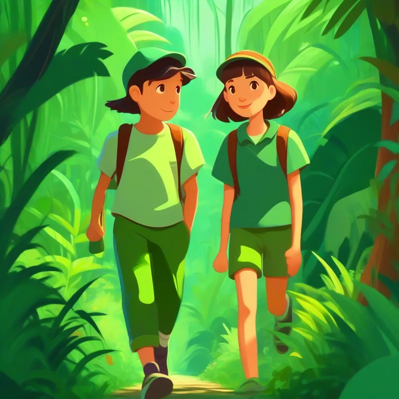 Friends walking in the jungle, green colors