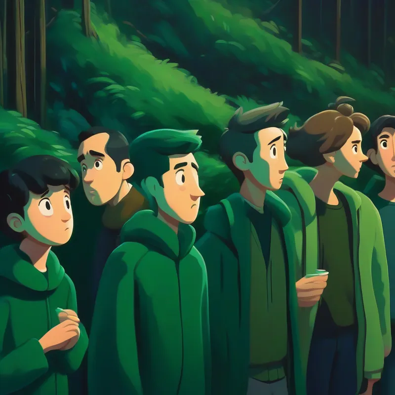 Friends looking confused and lost, dark green colors