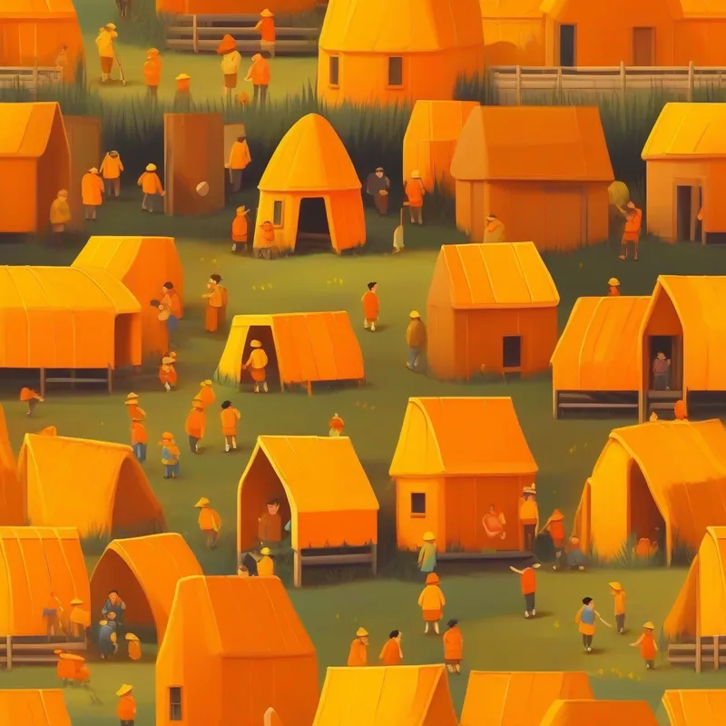 Friends building a shelter, orange and yellow colors