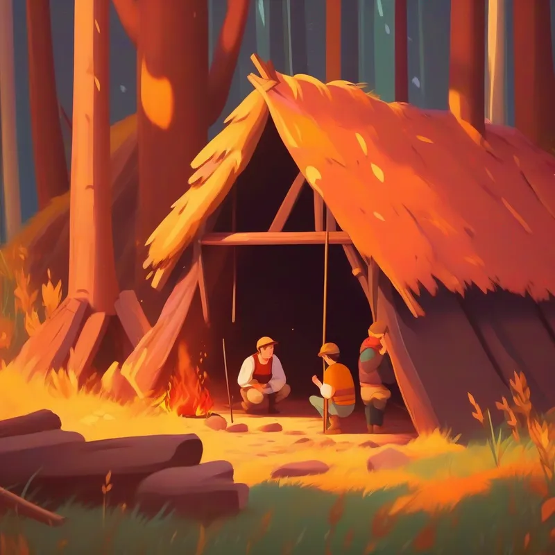 Friends building a shelter and starting a fire, warm colors