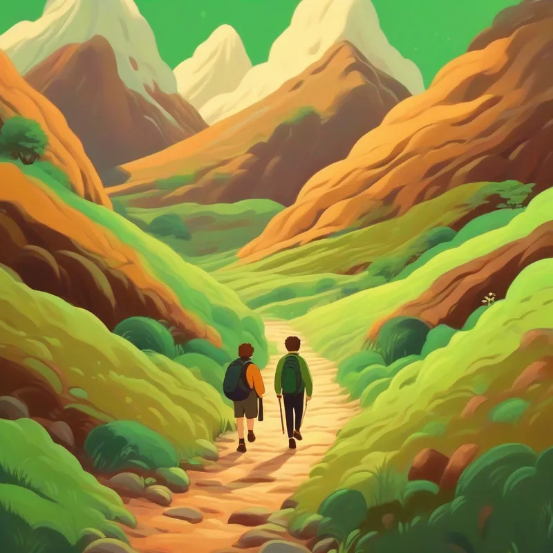 Friends walking through difficult terrains, brown and green colors
