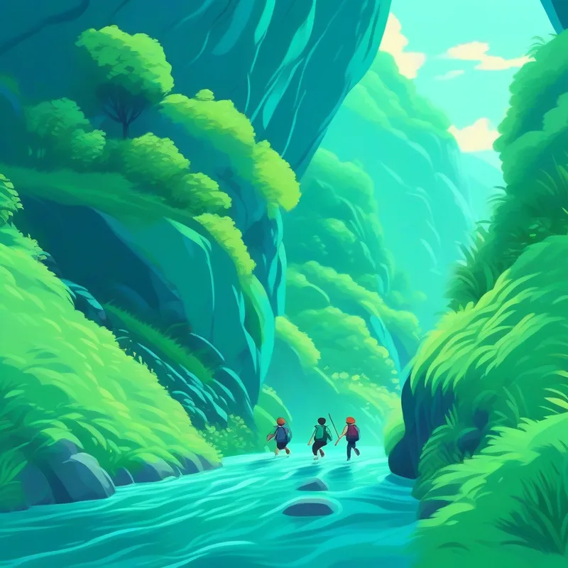 Friends crossing a river, climbing cliffs, and pushing through bushes, blue and green colors