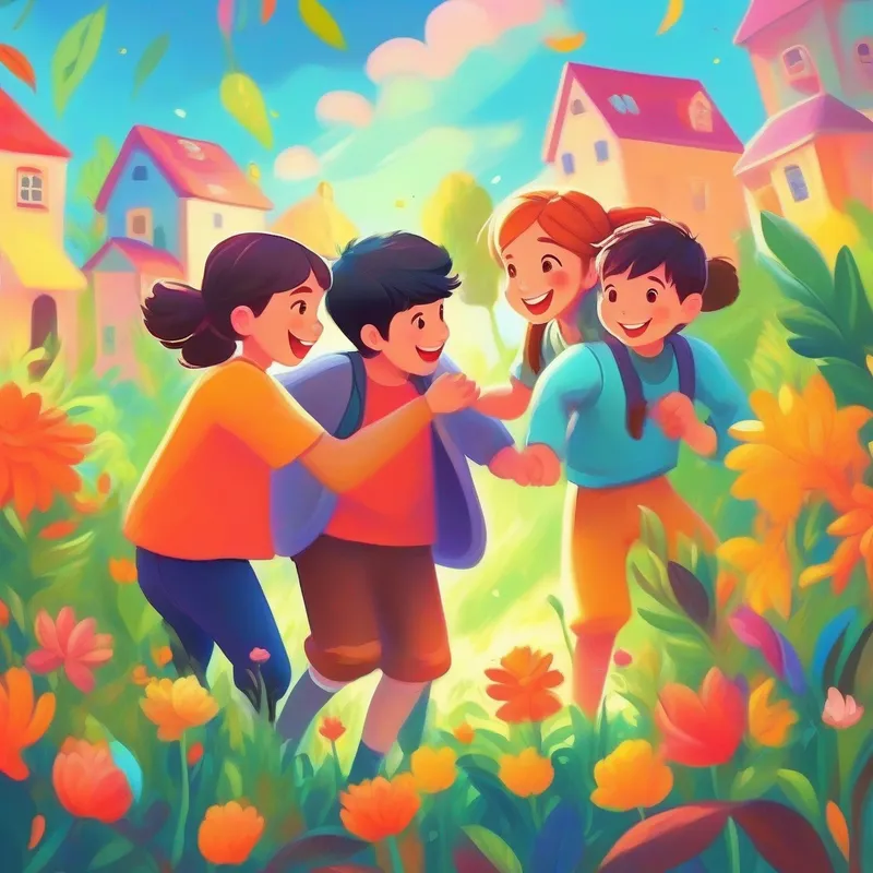 Friends helping each other and smiling, bright colors