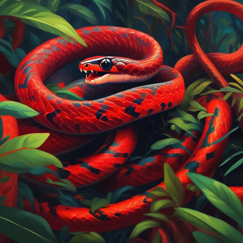 Friends spotting snakes and predators, red colors and alert expressions